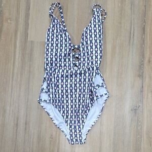 Jessica Simpson Blue and White Geometric One-Piece Swimsuit